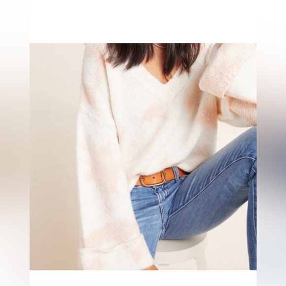 Anthropologie Women’s Cream/Peach Oversized Bell Sleeve Knit V Neck Sweater XL - Picture 2 of 8